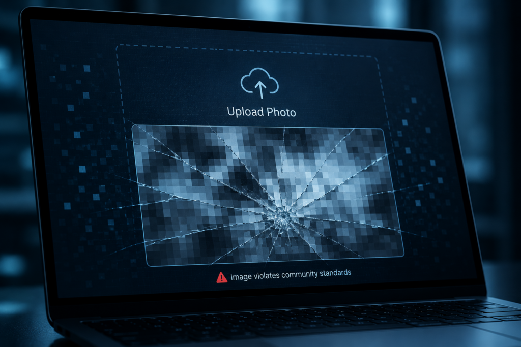 Illustration of a photo uploaded to an AI image editing tool, representing Hugging Face nudify tools and non consensual image abuse.